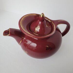 Vintage Hall teapot,  Maroon with gold colored roses and the Windshield Design #
